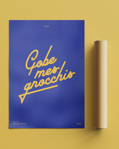 Affiche "Gobe mes gnocchis" - Bleu / jaune