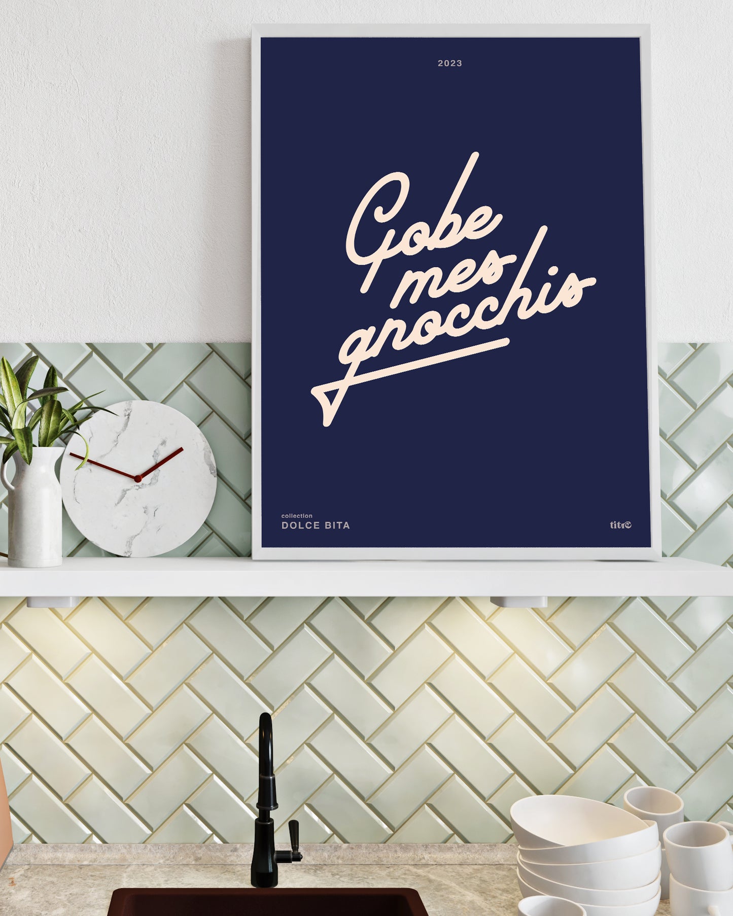 Affiche "Gobe mes gnocchis" - Bleu nuit / beige