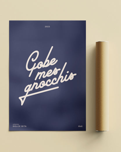 Affiche "Gobe mes gnocchis" - Bleu nuit / beige